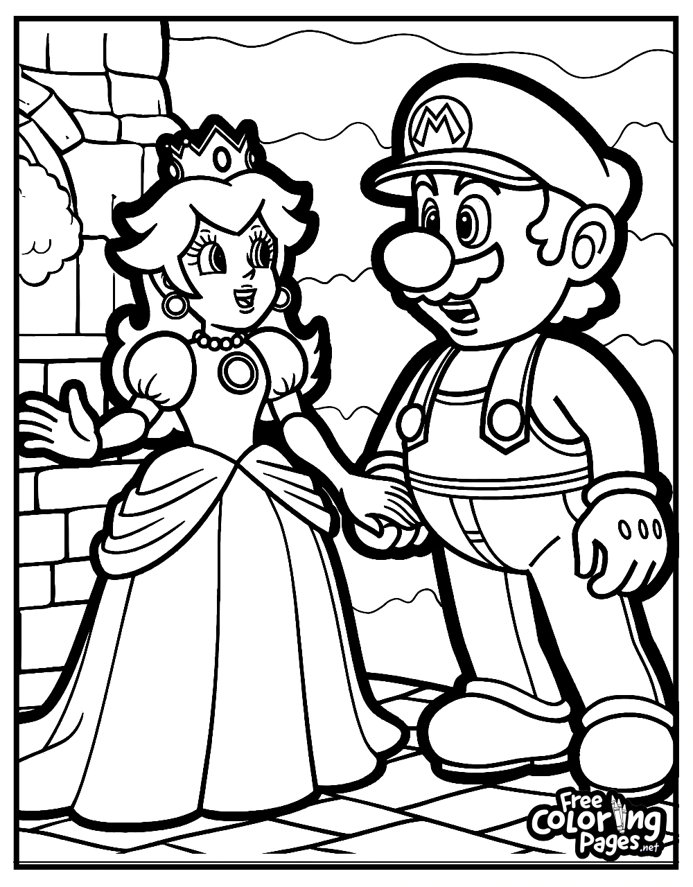 Super Mario Bros free printable coloring page depicting Mario and Princess in a close conversation by the castle walls, ideal for all ages