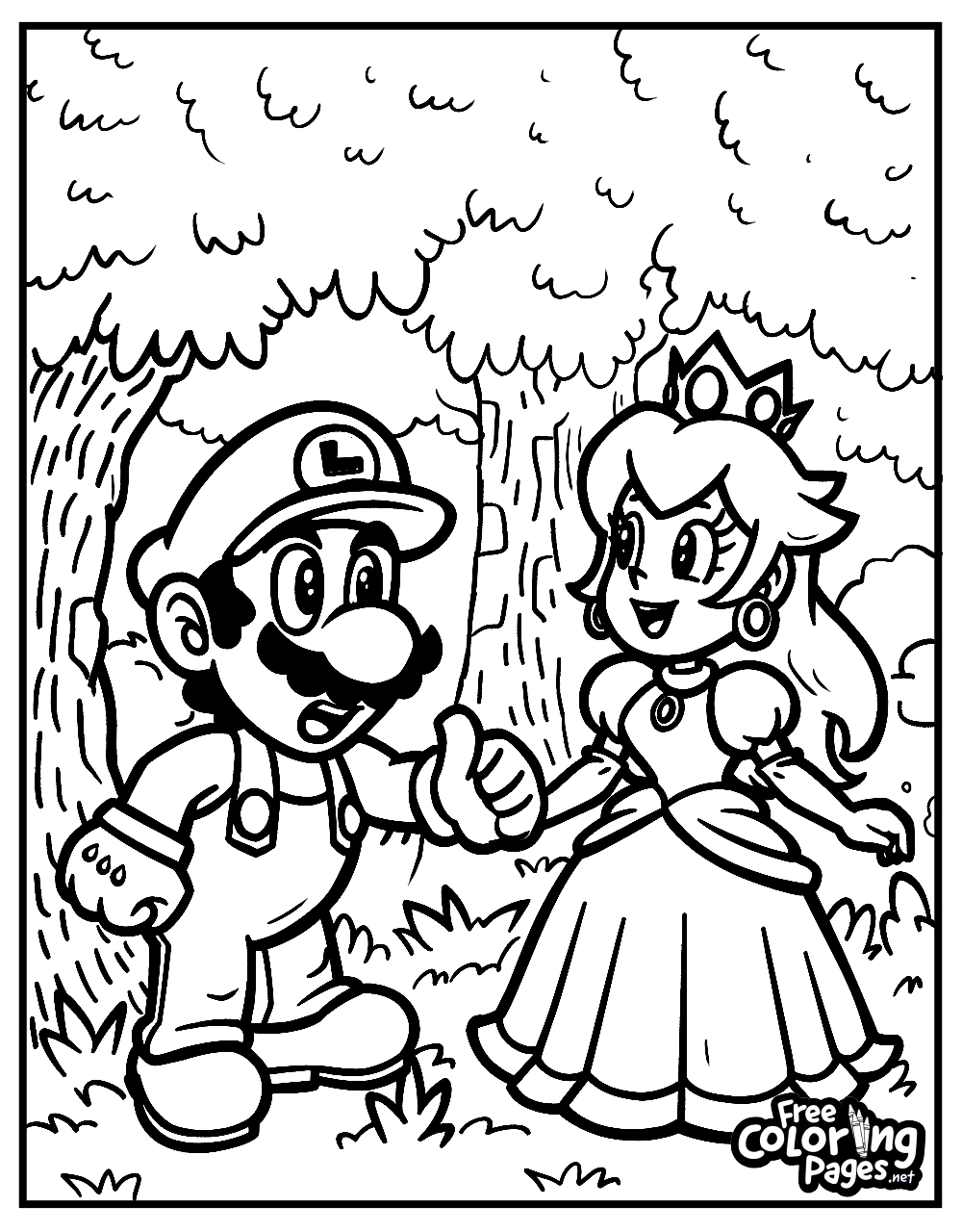 Coloring page from Super Mario Bros featuring Mario giving a thumbs up alongside Princess in a forest, suitable for kids' coloring activities