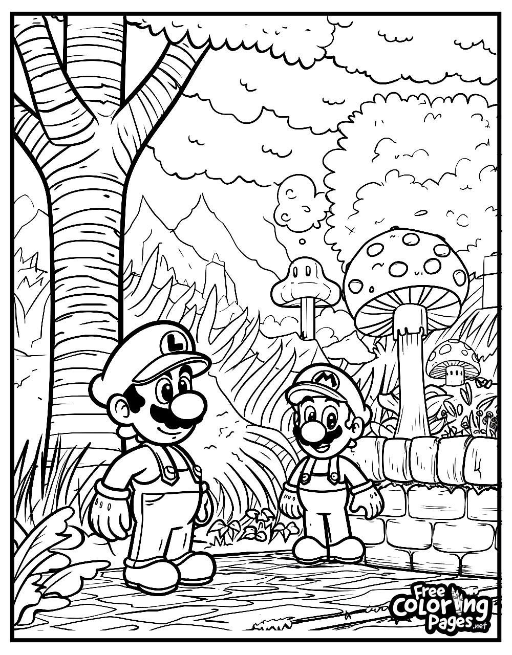 Free coloring page showing two characters from Super Mario Bros in a friendly greeting, set against a forest backdrop with a mushroom house