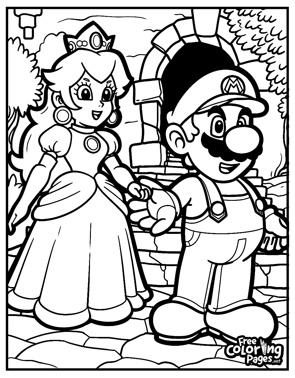 A Super Mario Bros coloring page for adults featuring Mario and Princess holding hands in front of a watermill, available for free download