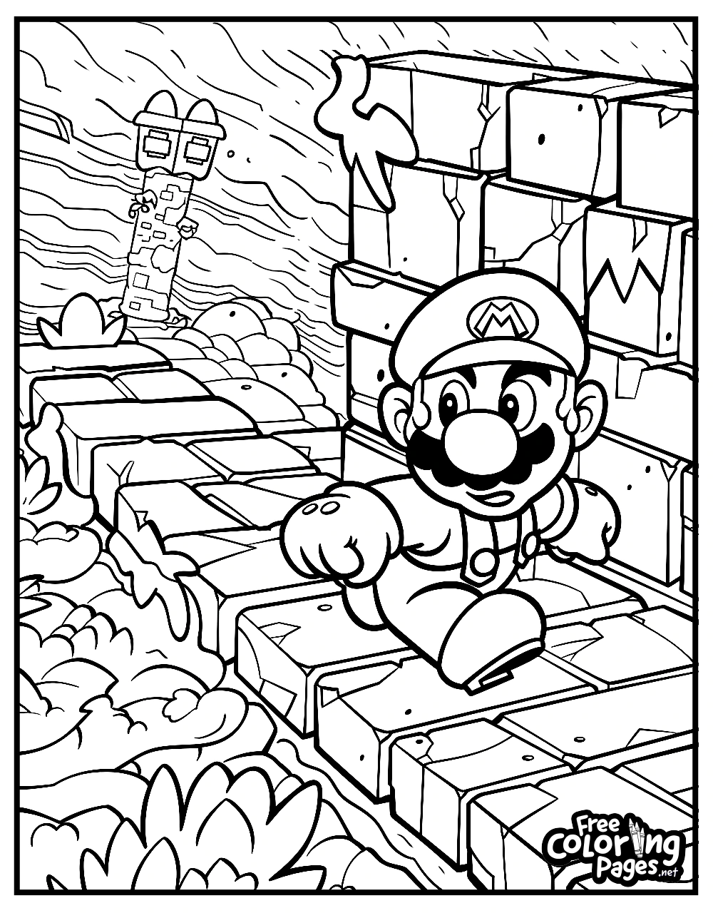Super Mario Bros easy coloring page with Mario in a dynamic pose climbing stairs with a cheery landscape, ideal for kids and adults