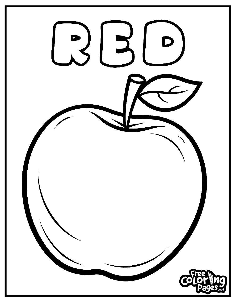 Toddler coloring page featuring a simple apple outline with the word "RED" at the top, perfect for kids' coloring activity and available for free download