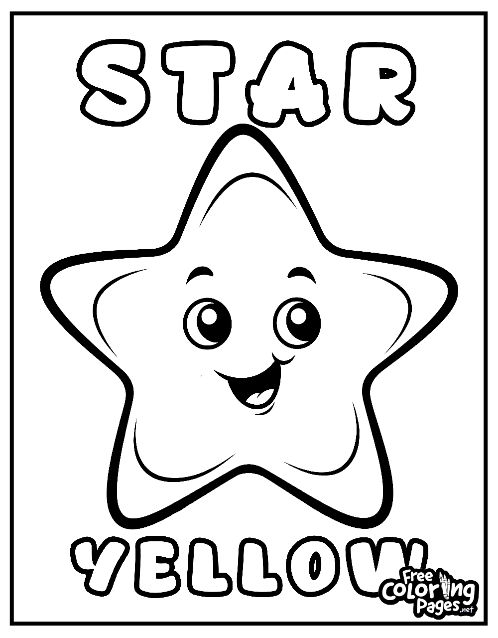 Toddler printable coloring pages with a cheerful star shape and the word "YELLOW" printed below, designed for easy coloring activities for young children