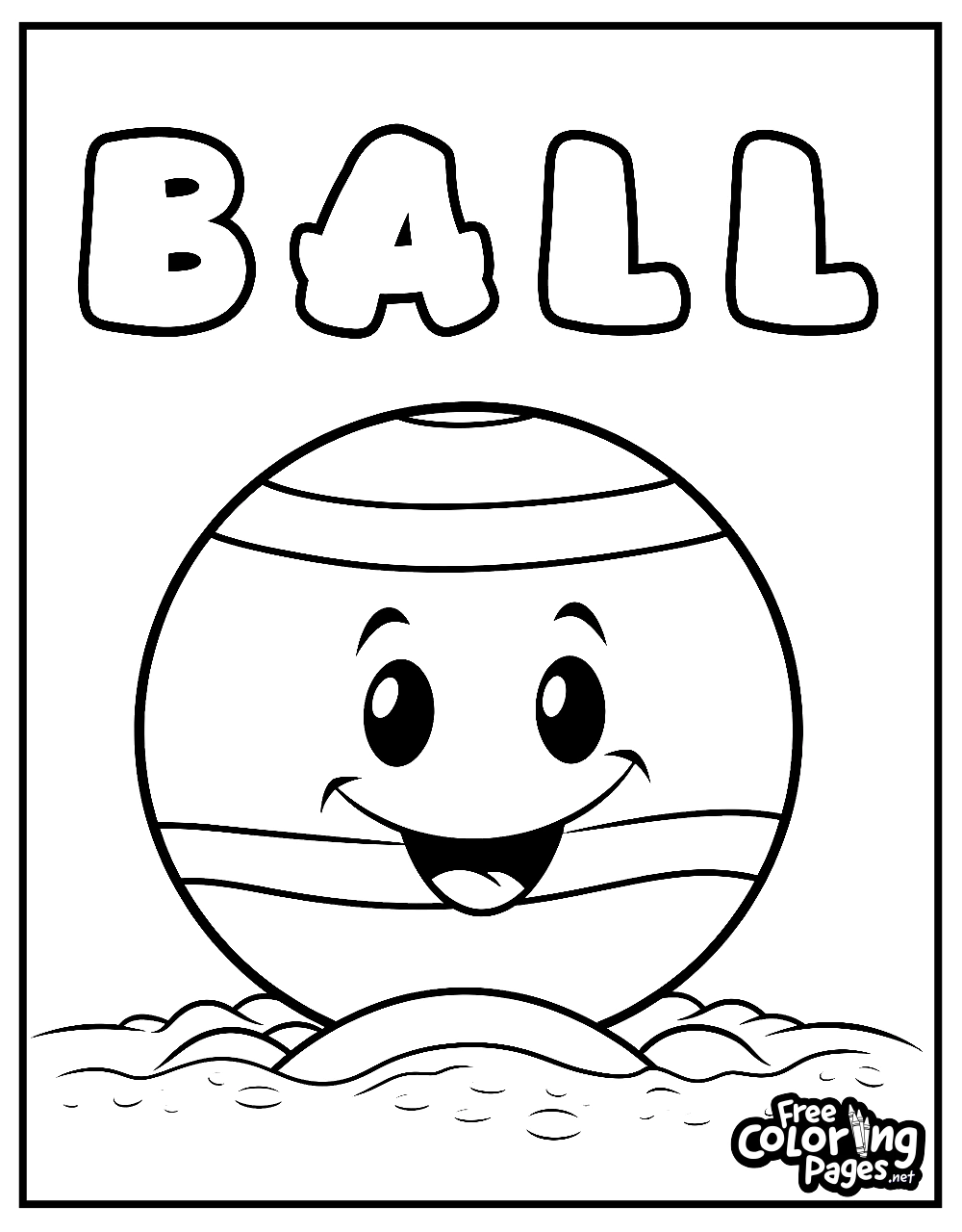 Toddler coloring sheet showcasing a happy-faced ball partially buried in sand with the word "BALL" at the top, suitable for toddlers' coloring books