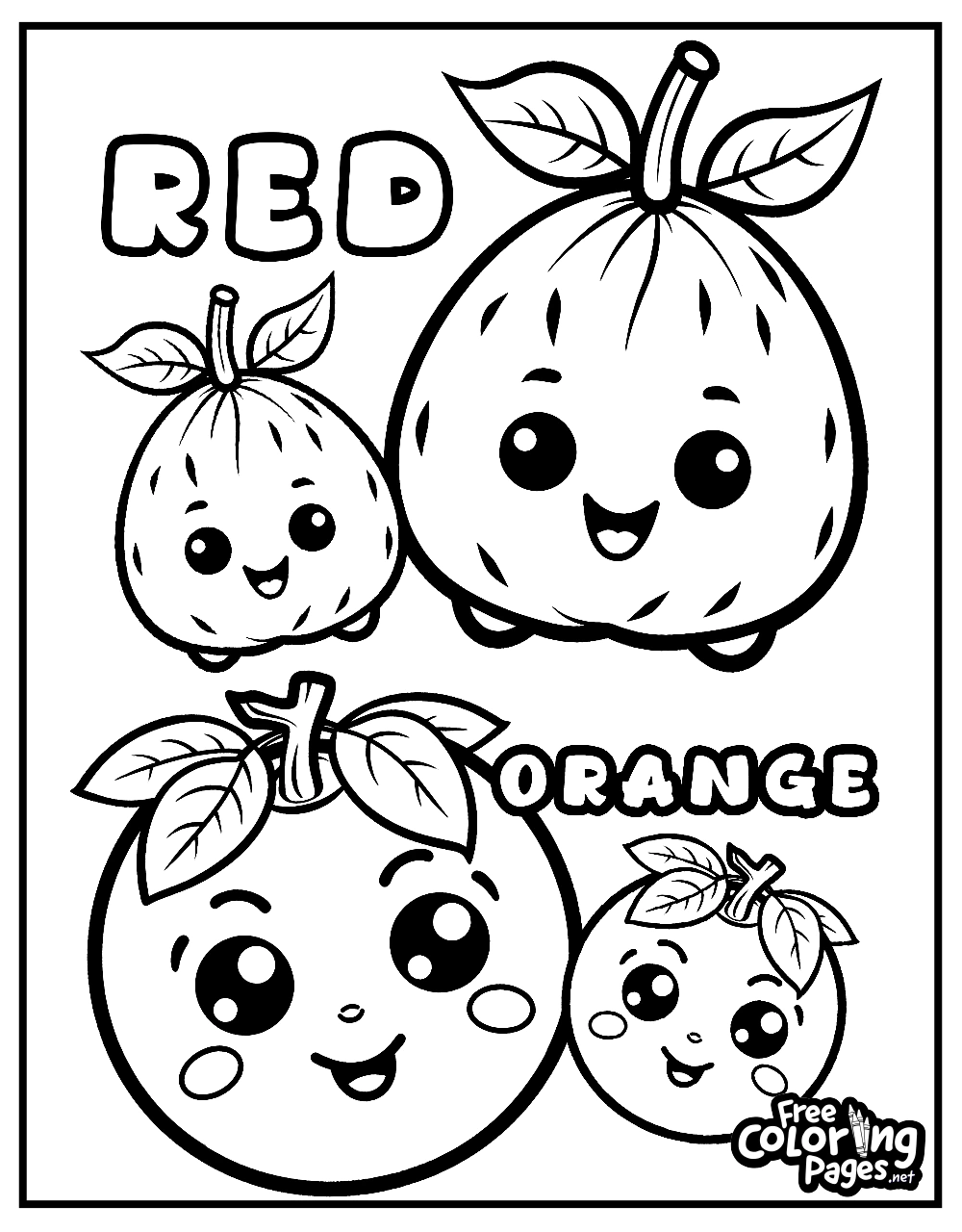 Toddler free coloring pages for kids, displaying a trio of smiling citrus fruits with "RED" and "ORANGE" labels, adding fun to coloring time