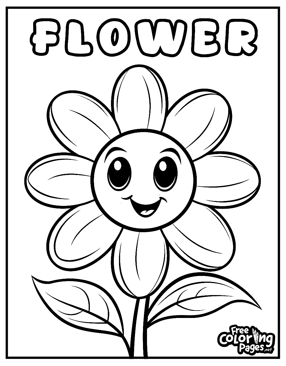 Toddler coloring pages for adults and children alike, illustrating a friendly flower with the word "FLOWER" above, ready to bring color to life