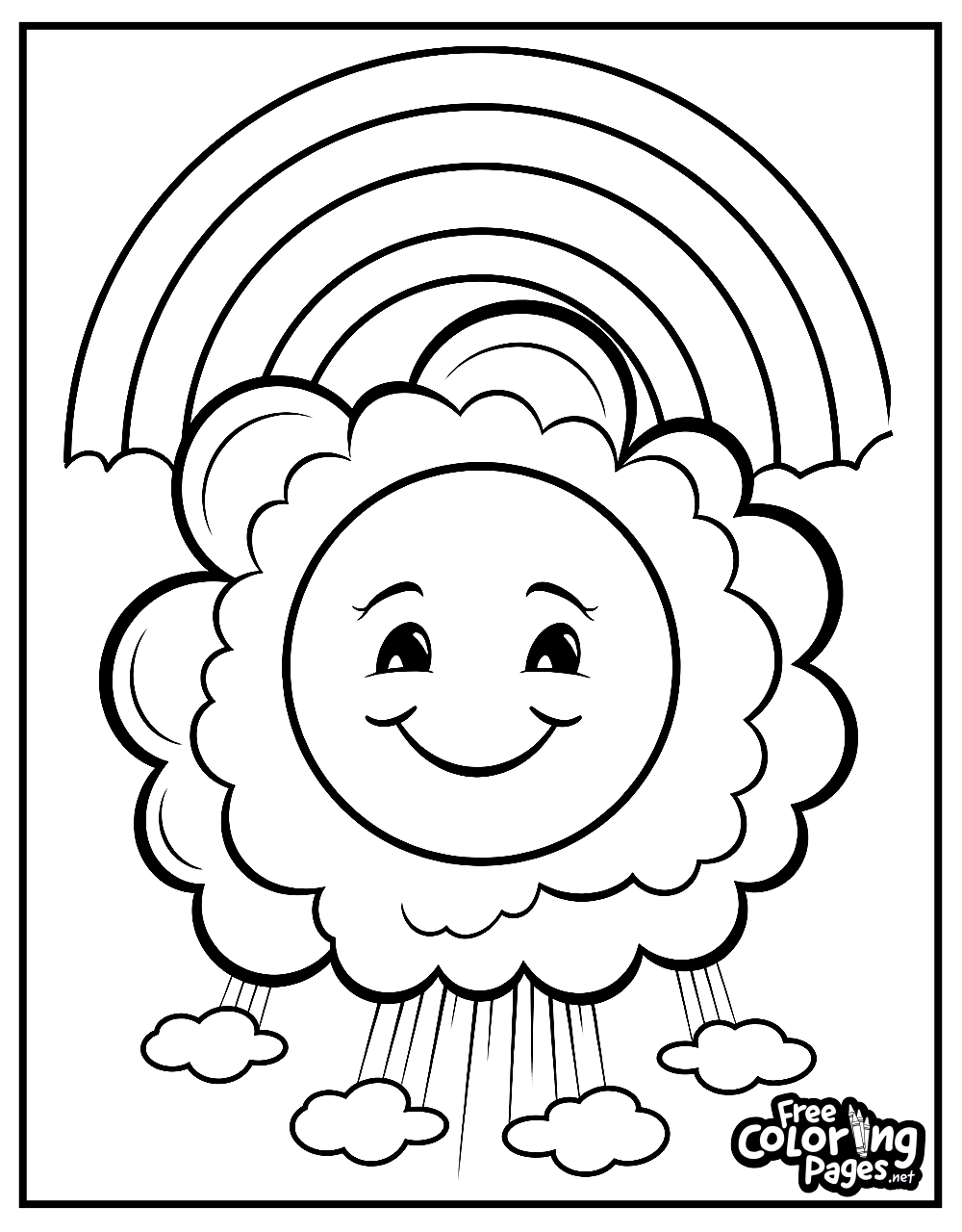 Toddler free printable coloring pages featuring an adorable sun peeking from behind a rainbow, with clouds around and the word "SUN" at the bottom