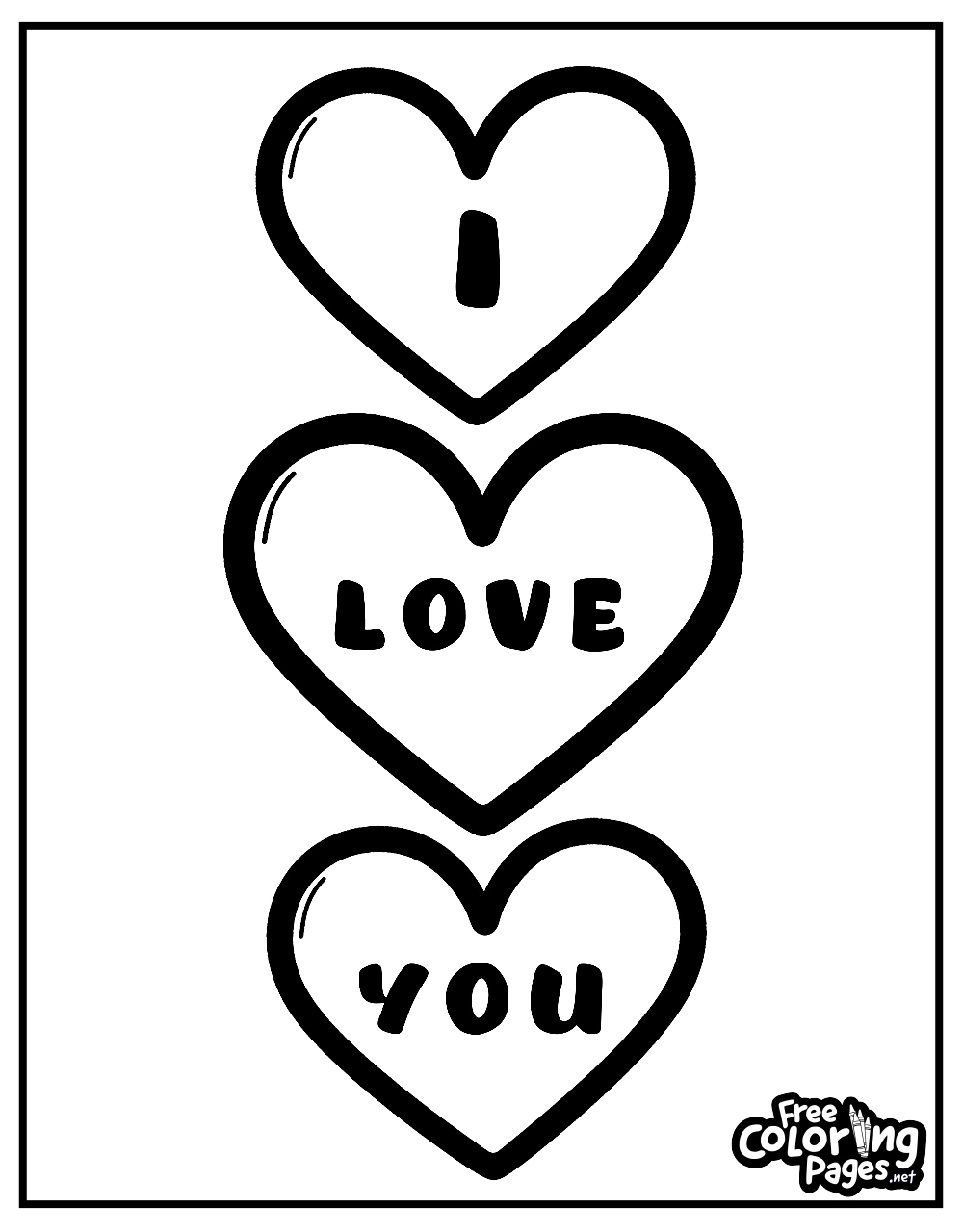 Toddler coloring sheets for kids featuring a sequence of hearts with "I LOVE YOU" inside, creating a loving activity for toddler and adult coloring pages printable