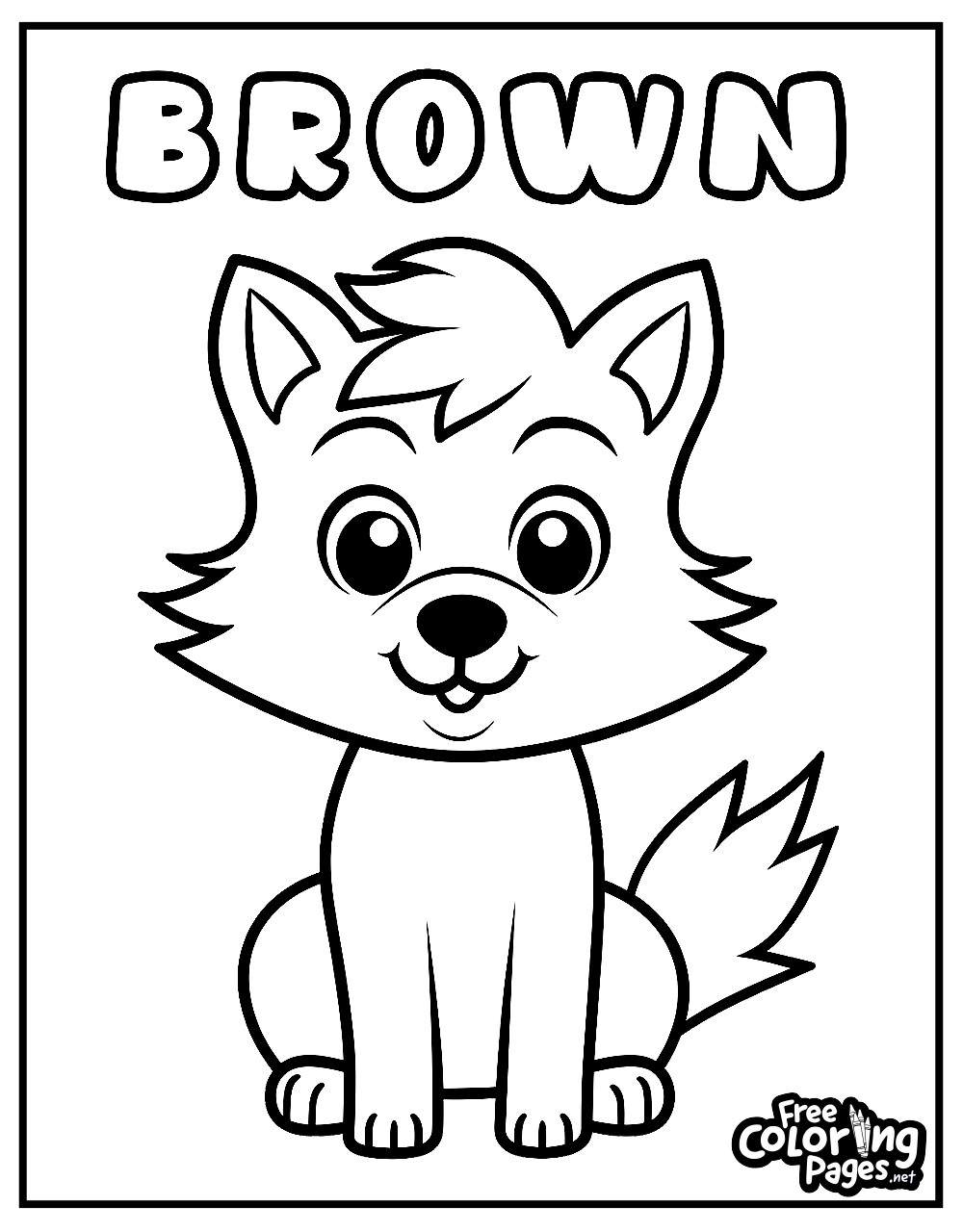 Toddler coloring pages for kids that can also appeal to adults, presenting a cute puppy with the word "BROWN" above it, perfect for an easy and fun coloring experience