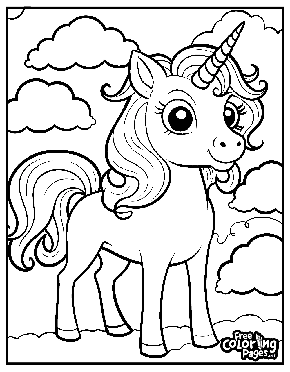 A unicorn with a flowing mane stands amid clouds on a unicorn coloring sheet, ideal for kids and adults alike as a unicorn free coloring pag