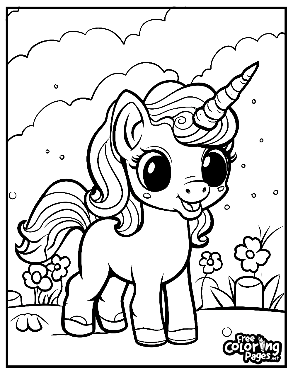 A playful unicorn among flowers features on this unicorn coloring page for kids, ready to bring to life with color on this unicorn printable coloring page