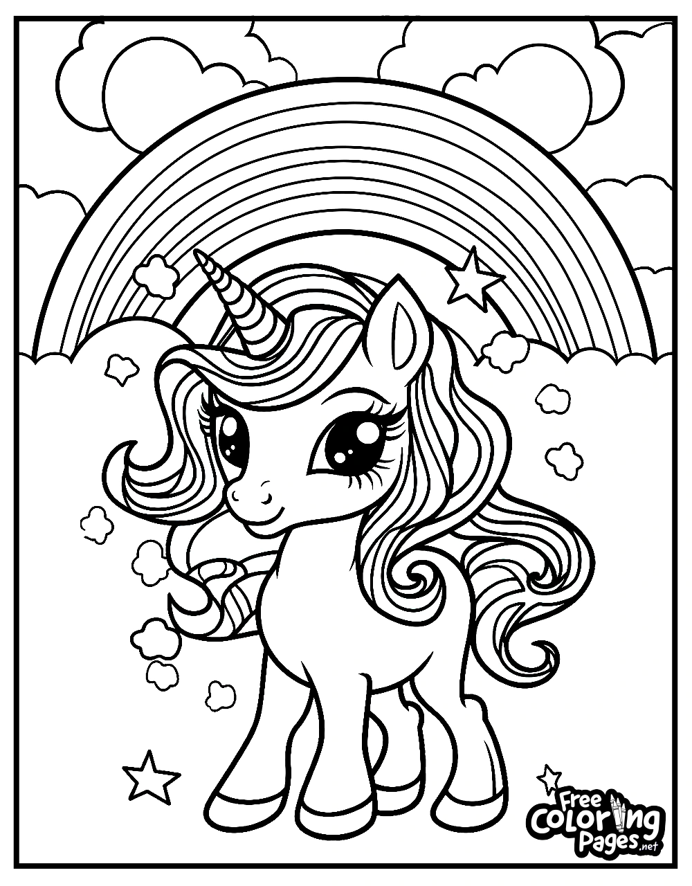 A majestic unicorn with a starry mane on a rainbow background is depicted in this unicorn coloring pages printable, perfect for all ages