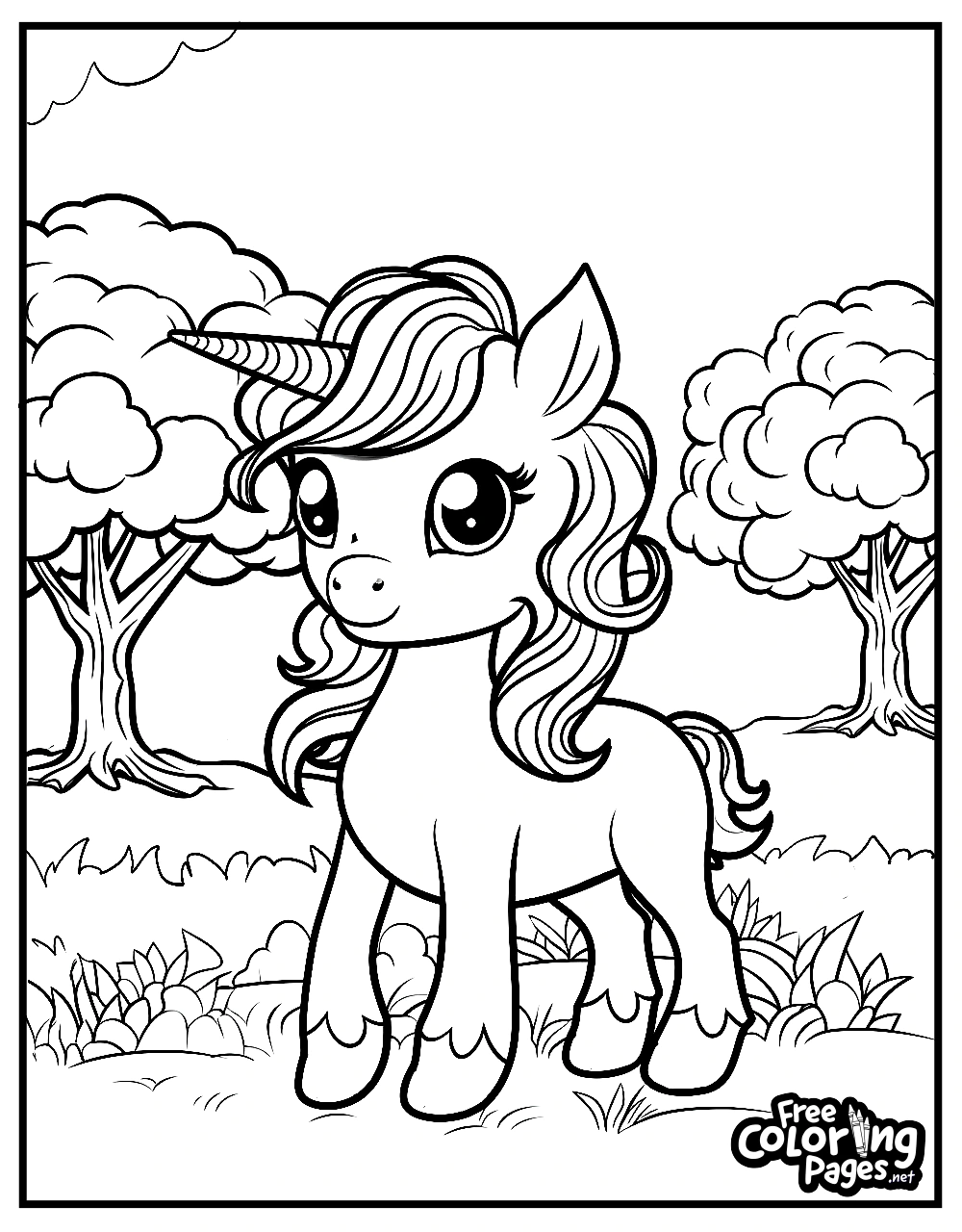 A unicorn in a forest clearing, surrounded by trees and foliage, awaits creativity on this unicorn coloring page, suitable for unicorn coloring books