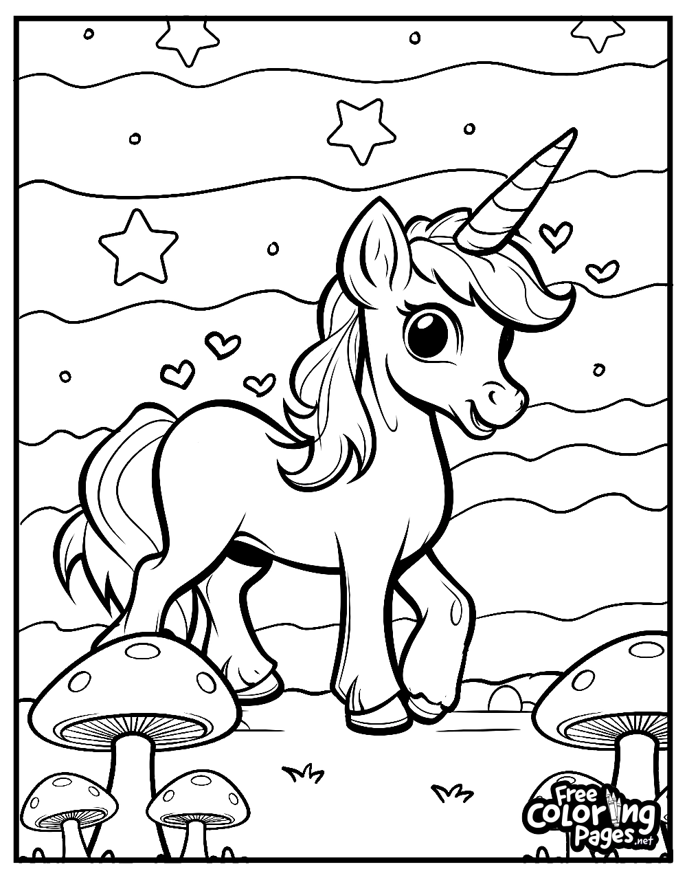 A night-time scene with a unicorn among stars and moons, provided as a unicorn free printable coloring page for a tranquil coloring experience