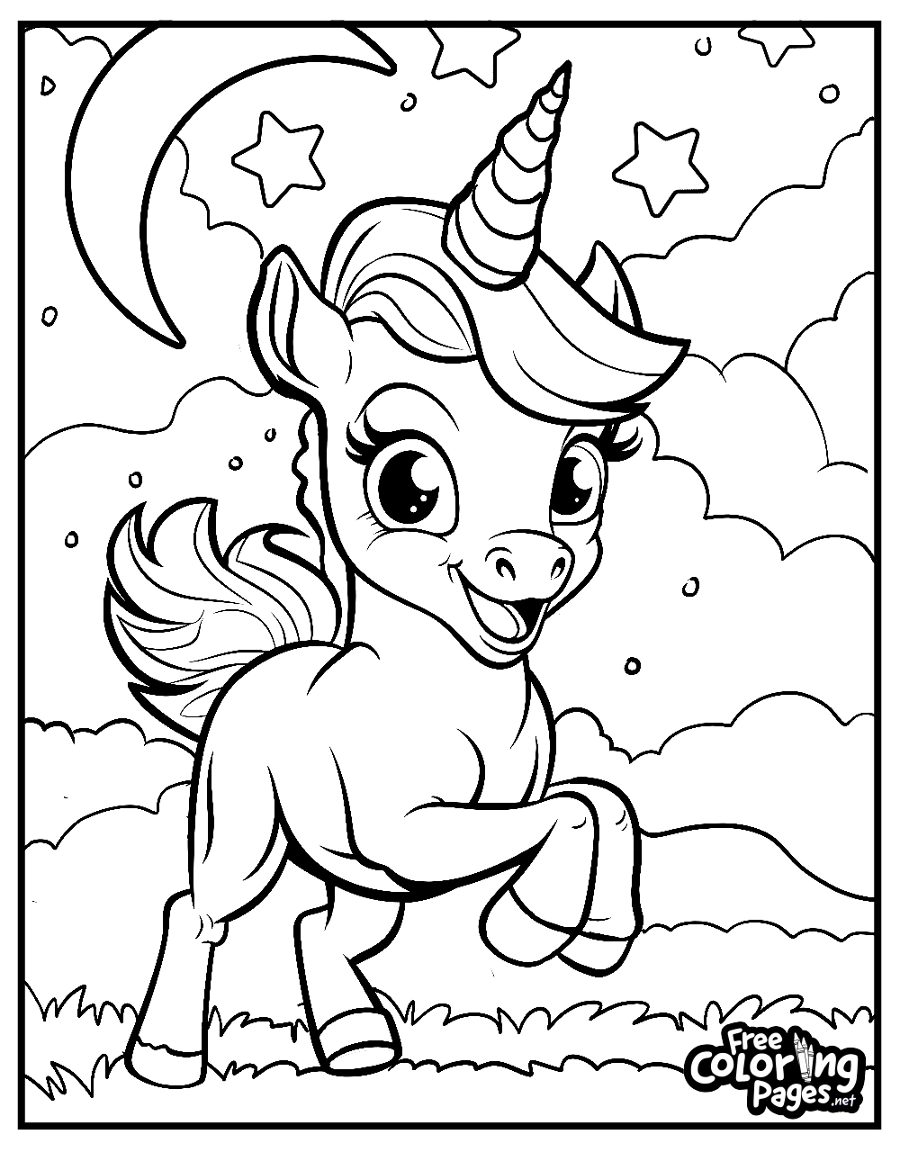 Frolicking in front of a castle, this unicorn coloring sheet embodies the fantasy spirit, available as a unicorn free coloring pages printable