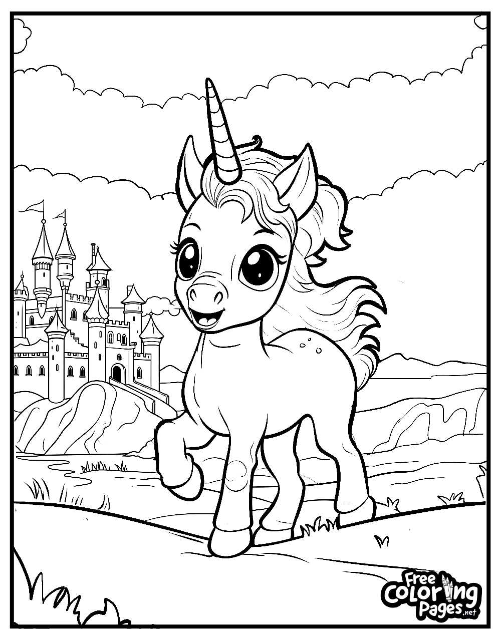 A winged unicorn soars among fluffy clouds in this unicorn adult coloring page, also great as a unicorn coloring pages free download