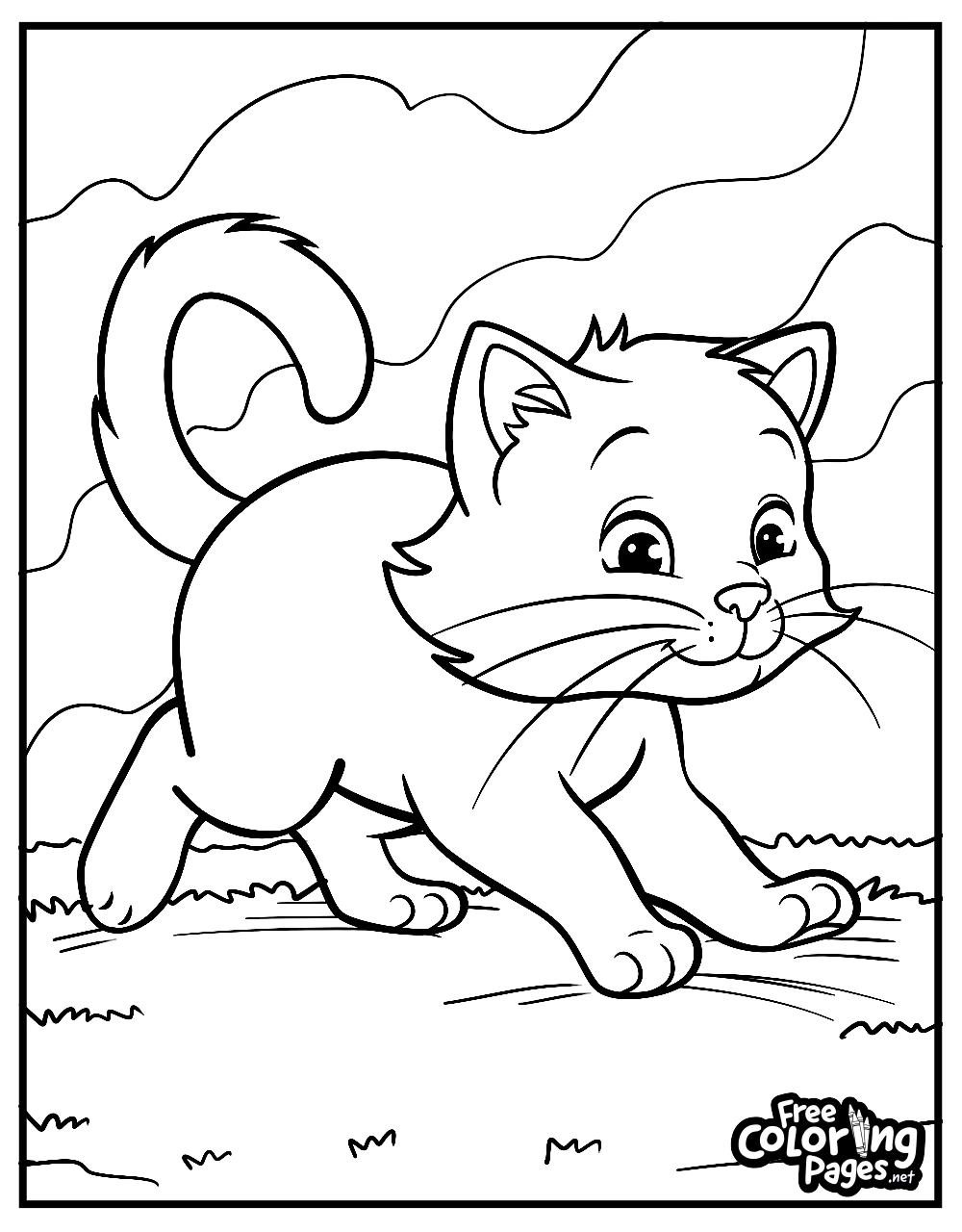 A cat coloring sheet featuring a happy cat running through a grassy field with clouds in the background. Ideal for cat coloring pages for kids and adults. Cat free printable coloring pages.