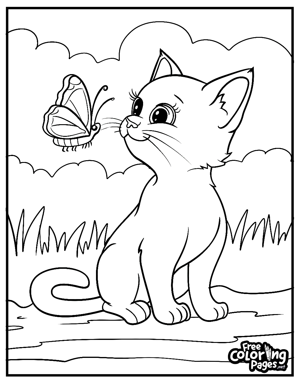 A cat coloring page printable of a curious cat watching a butterfly in a garden. This cat coloring book page is great for children and adults. Cat kids coloring pages.