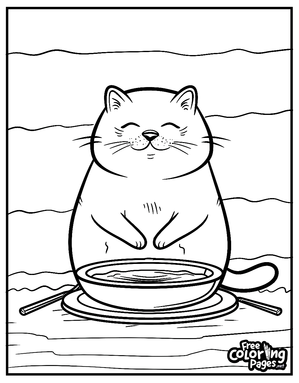 A cat coloring sheet featuring a content cat sitting in front of a bowl of noodles. Ideal for cat coloring pages for kids and adults. Cat free printable coloring pages.