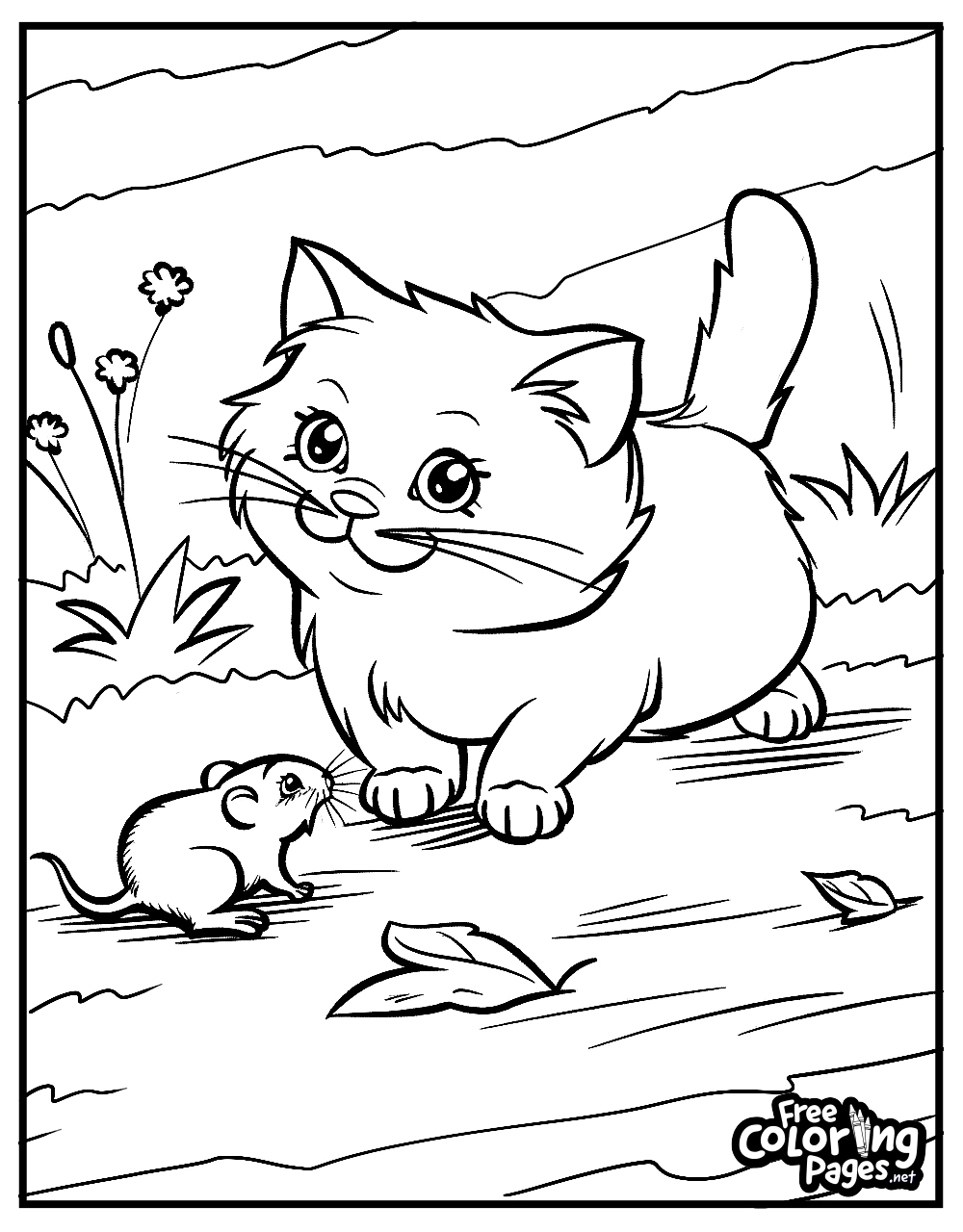 A cat printable coloring page depicting a curious cat looking at a small mouse. A fun cat coloring page for kids and adults. Cat free coloring pages for kids.