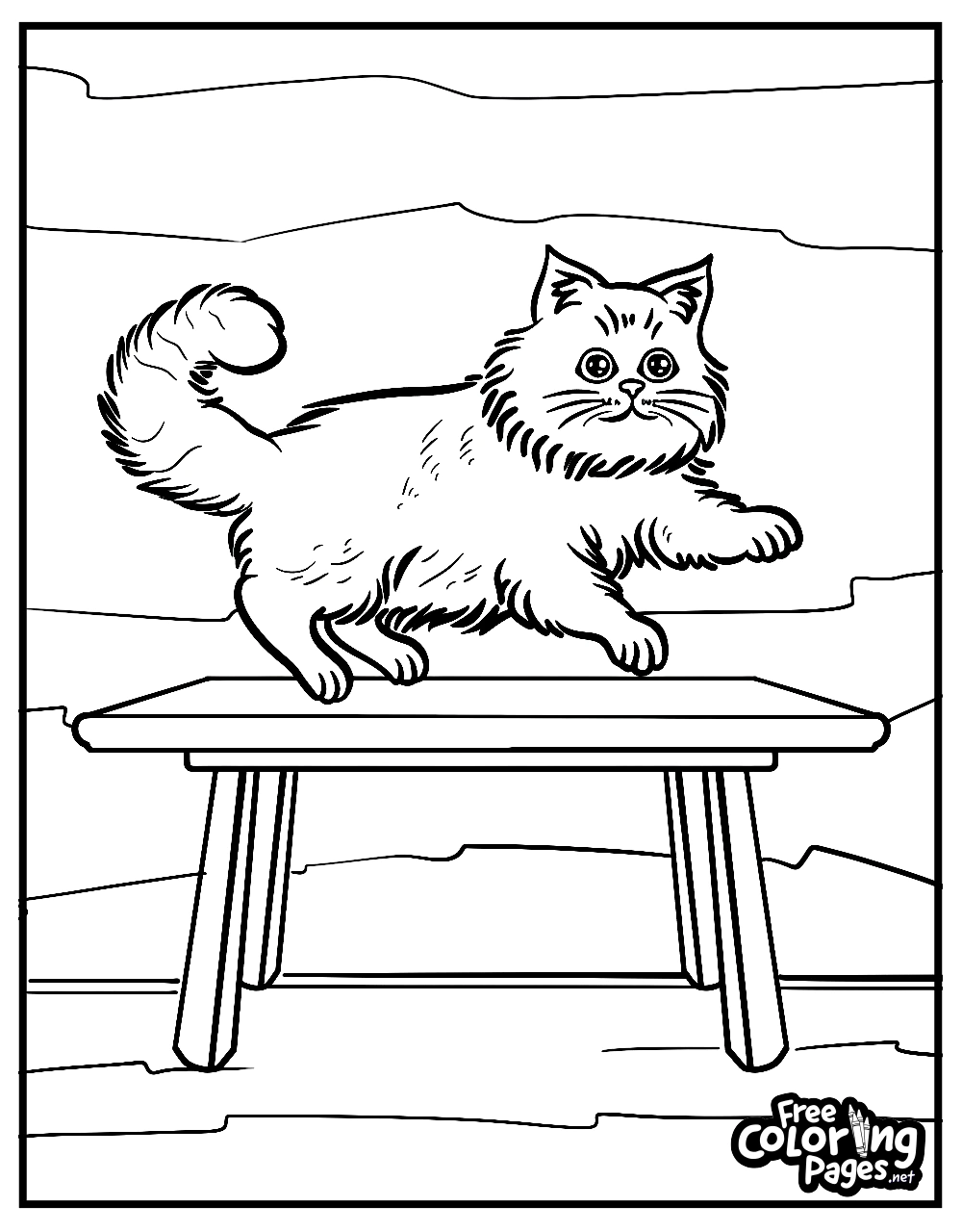 A cat free coloring page showing a playful cat standing on a table. This cat coloring sheet is easy and enjoyable for children and adults. Cat easy coloring pages.
