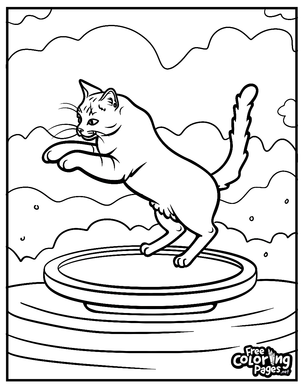 A cat adult coloring page of a cat dancing on a platform with clouds in the background. Perfect for cat adult coloring pages printable. Cat coloring pages for adults.