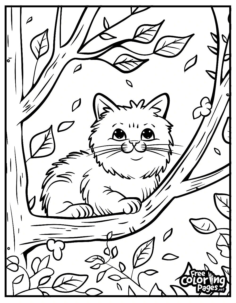 A cat adult coloring page of a cute cat sitting in a tree surrounded by leaves. Perfect for cat adult coloring pages printable. Cat coloring pages for adults.
