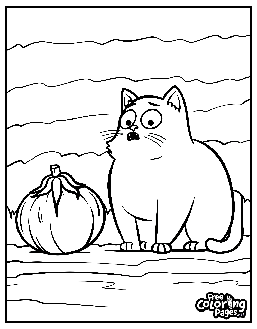 A cat adult coloring page featuring a surprised cat staring at a pumpkin. Perfect for cat adult coloring pages free download. Cat coloring sheet.
