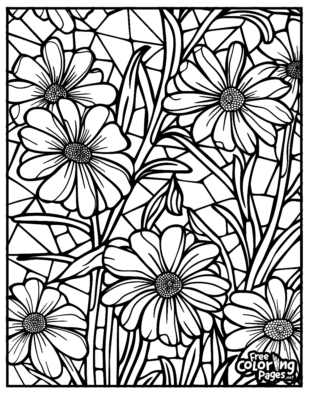 Flowers for Adults free printable coloring pages featuring a floral pattern with various blossoms and intricate leaves, ideal for adults seeking complex designs