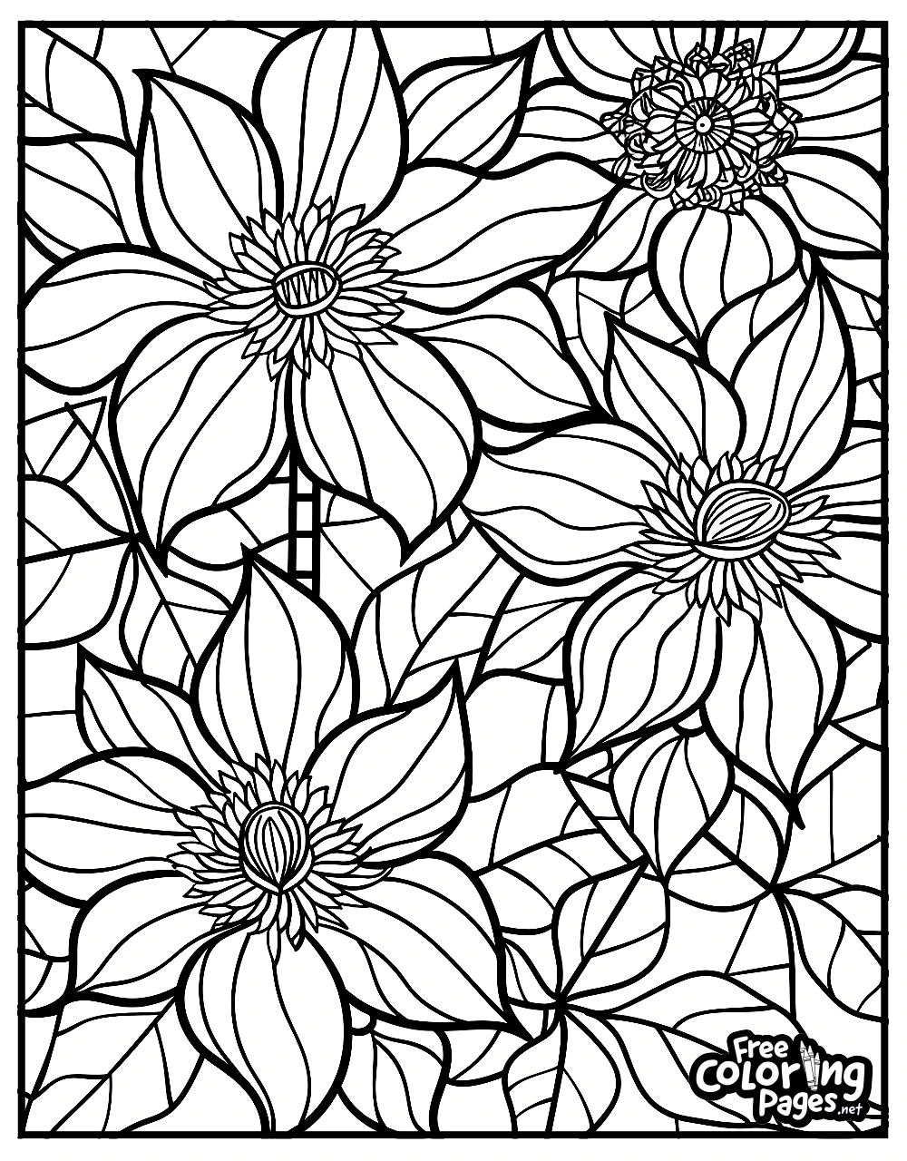 Flowers for Adults coloring page with a detailed depiction of various floral patterns, suitable for adult coloring enthusiasts looking for free printable sheets