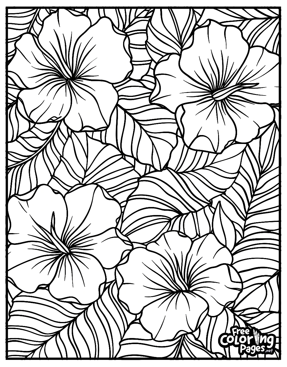 Flowers for Adults coloring pages for kids depicting a dynamic floral arrangement, perfect for kids and adults alike to enjoy a free coloring page