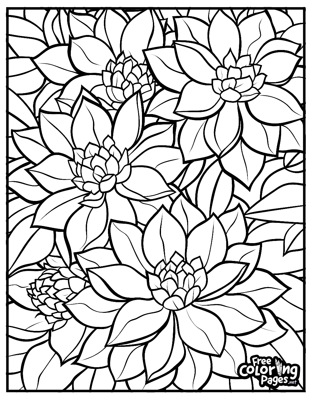 Flowers for Adults adult coloring pages featuring a lush display of lotus flowers with detailed layers, ideal for a free printable adult coloring sheet