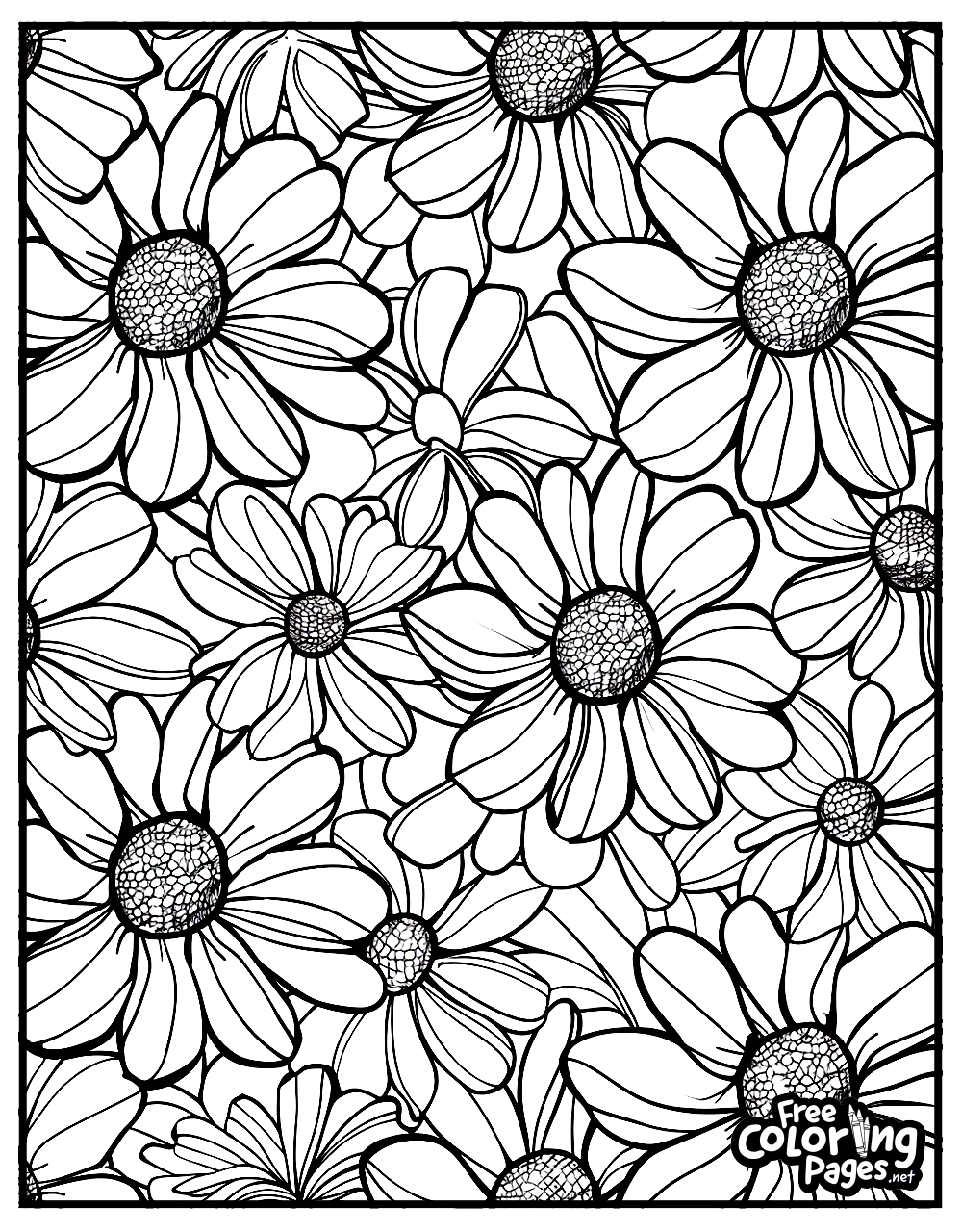 Flowers for Adults free coloring pages printable with a full page of diverse daisy designs, suitable for both kids and adults to enjoy as a calming coloring activity