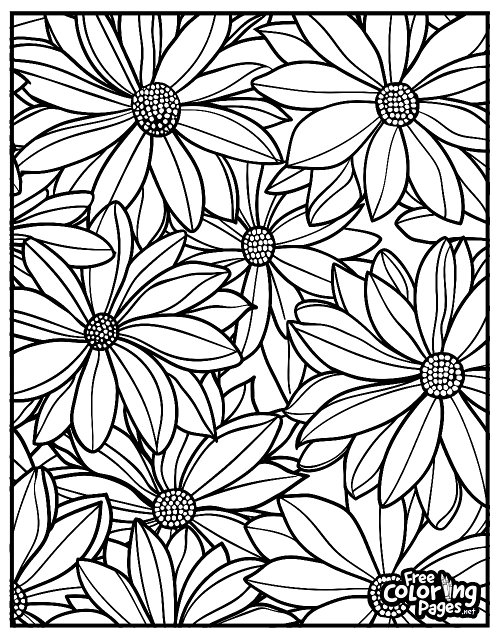 Flowers for Adults coloring pages for adults showcasing an array of sunflowers and leaves, ideal for those seeking a relaxing and free printable coloring page
