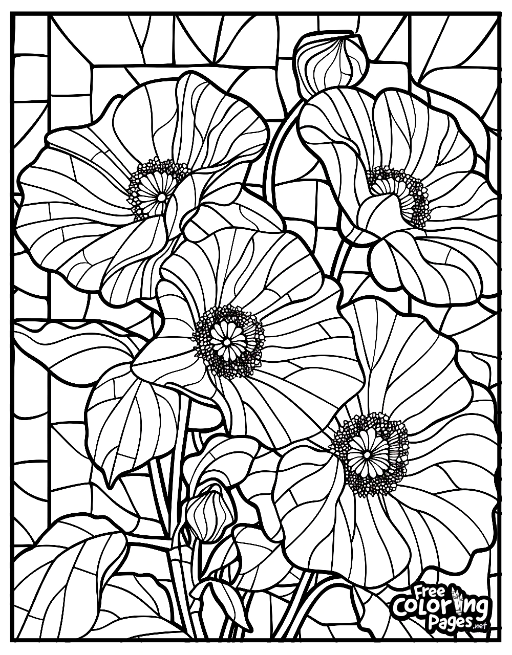 Flowers for Adults adult coloring pages printable depicting ornate poppies with a stained glass background, suitable for adults looking for intricate coloring sheets