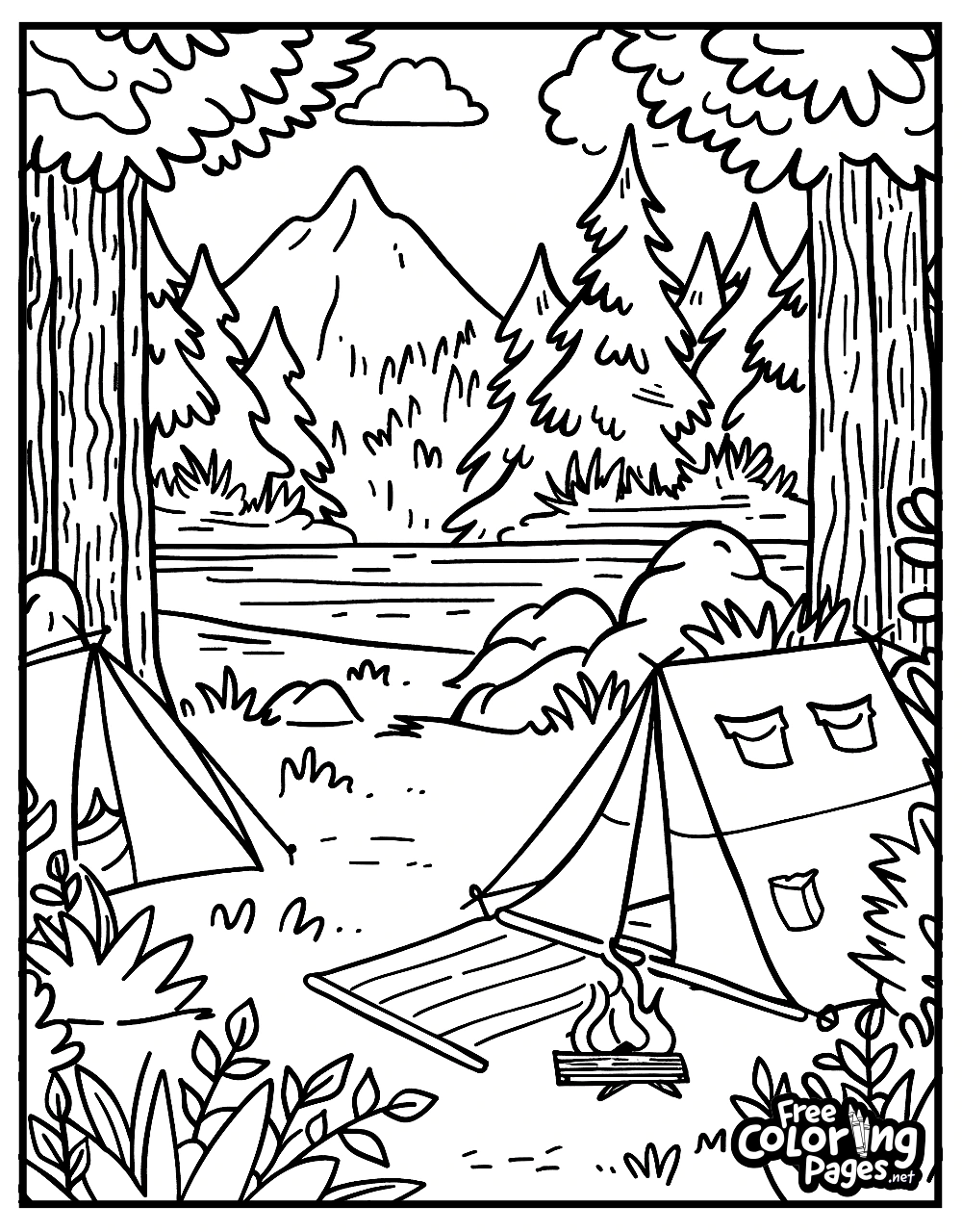 Summer coloring page of a camping scene in a forest with a tent, a fire pit, and a view of distant mountains, ideal for adventure lovers