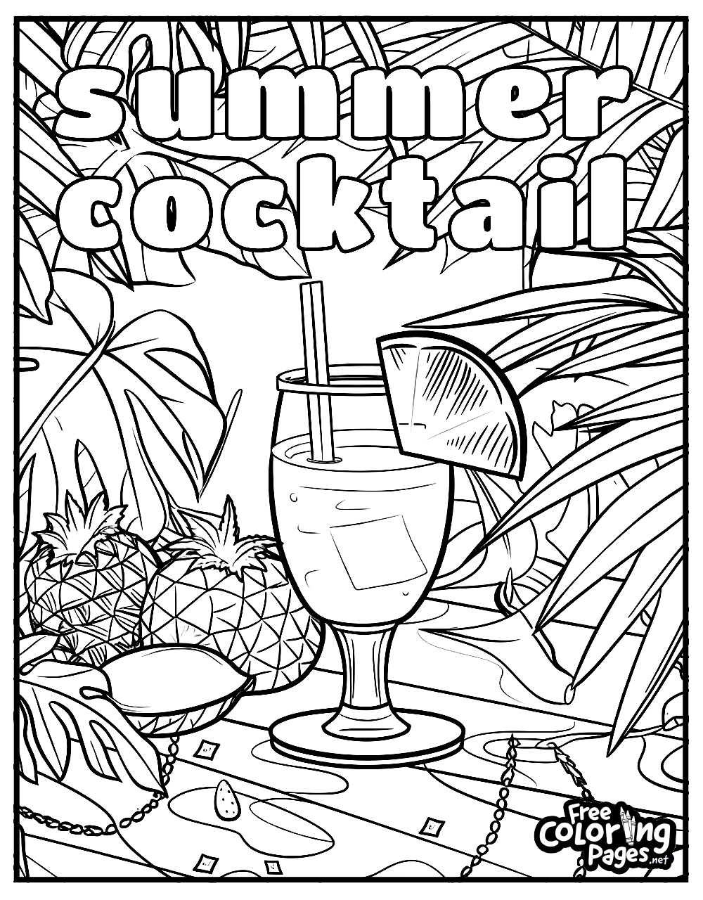 Summer adult coloring page featuring a refreshing summer cocktail surrounded by tropical fruits and lush vegetation