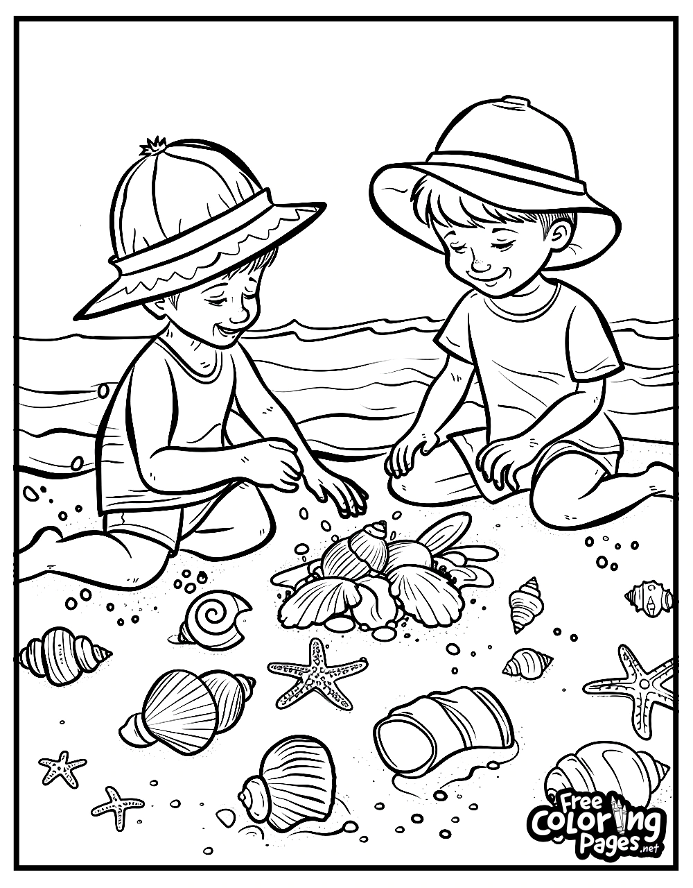 Summer coloring sheets for kids depicting two young children playing in the sand, surrounded by seashells and starfish on the beach