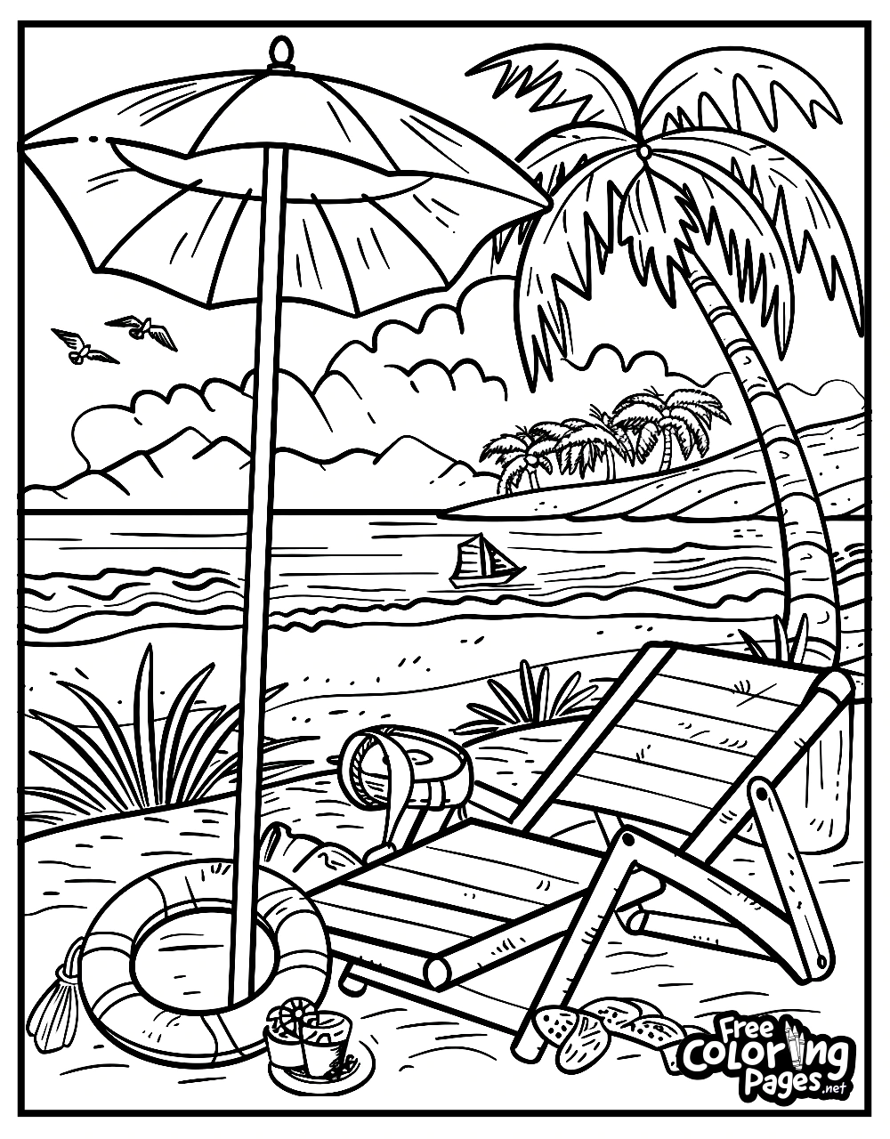 Summer coloring pages for adults with a relaxed beach setting including a beach chair, umbrella, and a lifebuoy by the sea