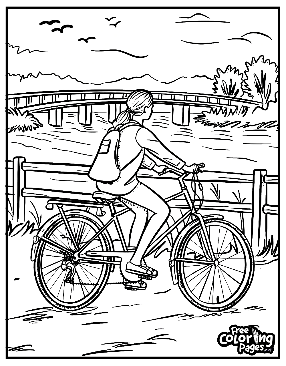 Summer free coloring pages printable of a woman enjoying a leisurely bike ride along a scenic riverside path