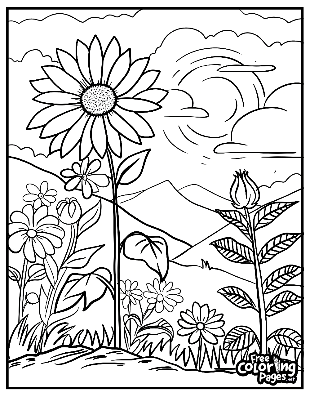Summer free coloring pages of a large daisy and other wildflowers with a mountainous landscape in the background