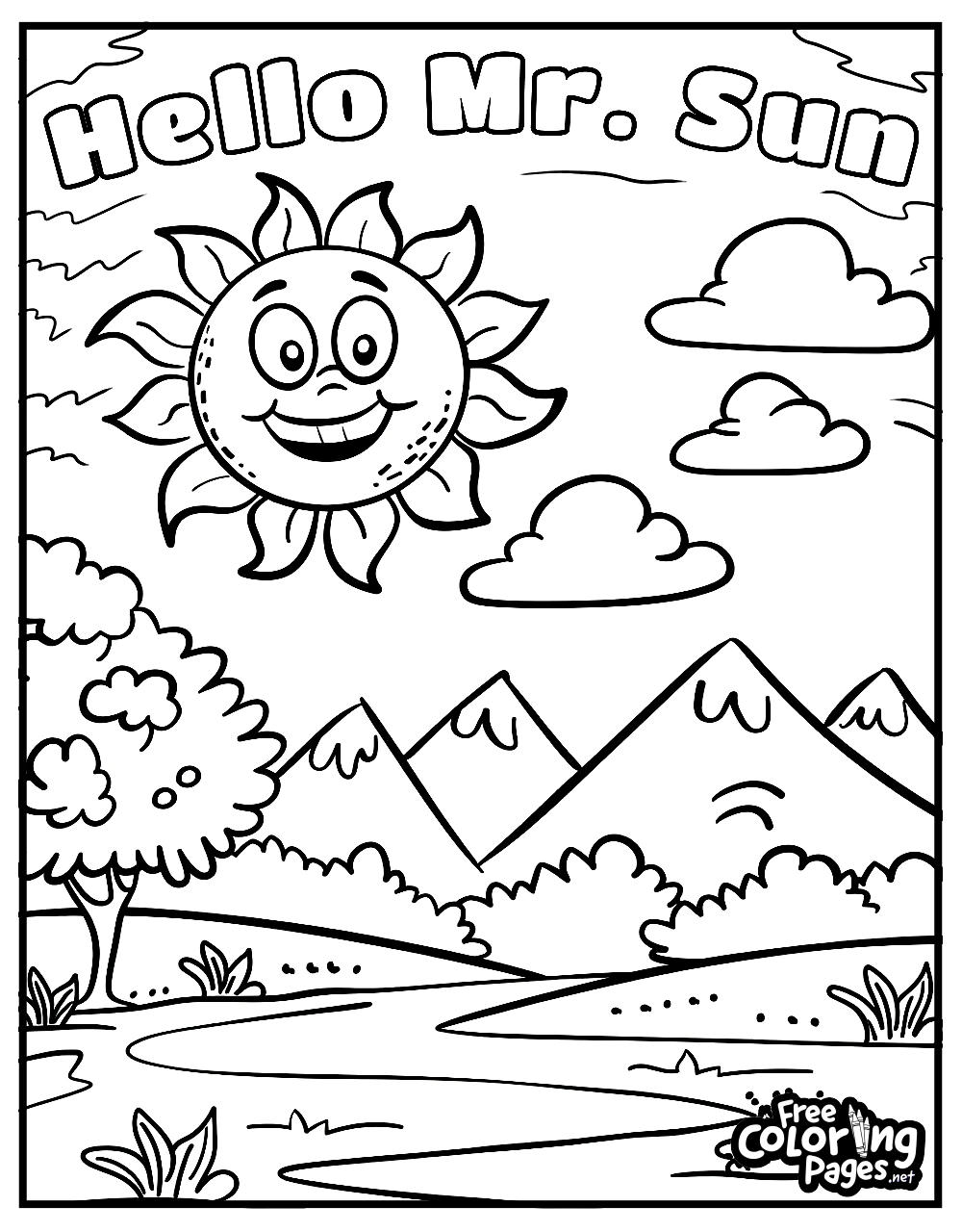 Summer kids coloring pages showing a cheerful sun over a landscape with mountains and a river, inviting kids to color and enjoy