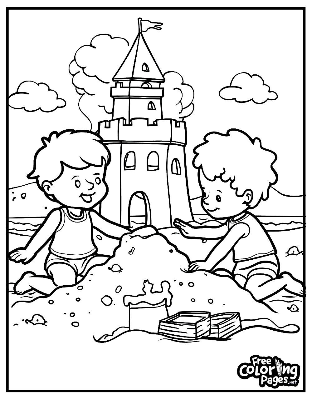 Summer easy coloring pages of two children building a large sandcastle on the beach, under a sunny sky