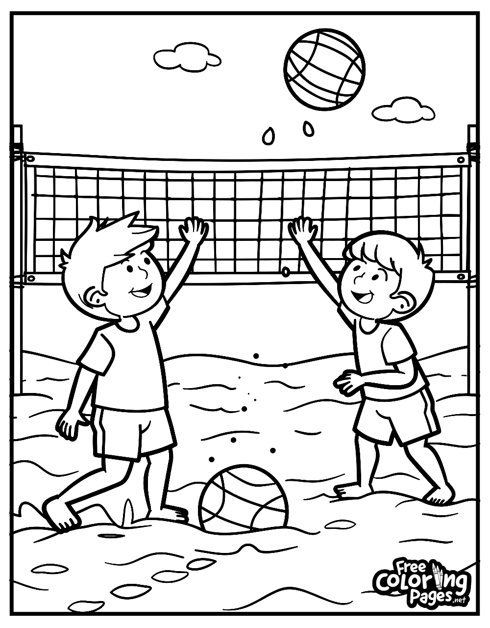 Summer coloring pages free download featuring two children playing volleyball on the beach, promoting active summer fun