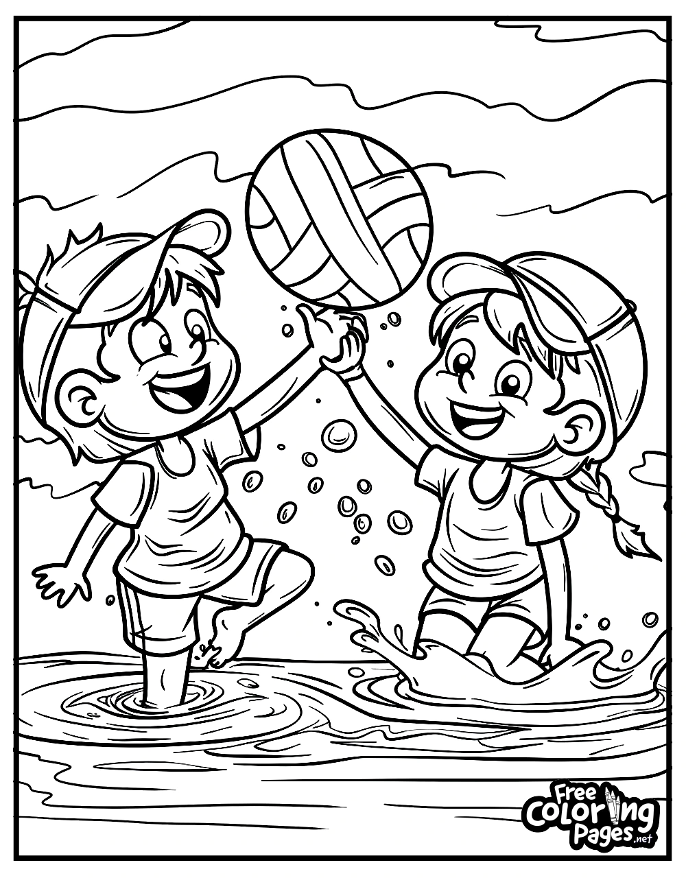 Summer adult coloring pages printable of two children joyfully playing with a beach ball in the water, under the summer sun