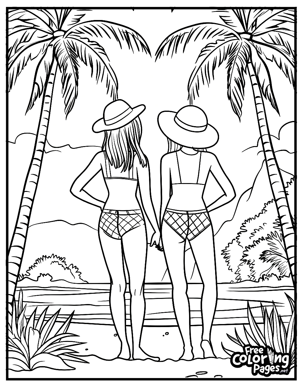 Summer coloring sheets featuring two adults standing on the beach, observing the waves, with palm trees in the background