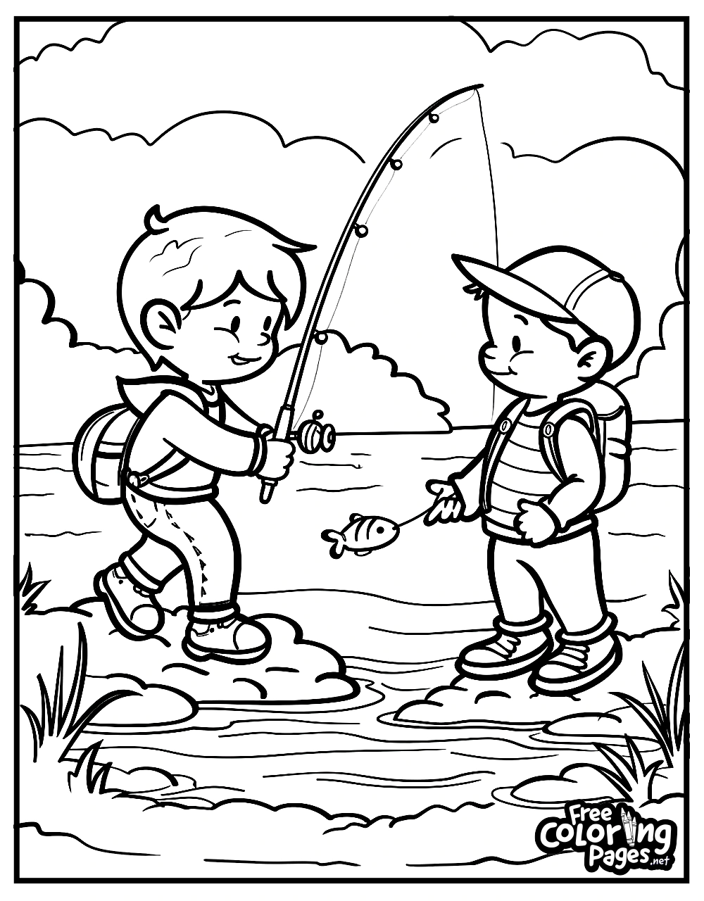 Summer free printable coloring pages of two boys fishing in a stream, catching a fish, surrounded by nature's calm