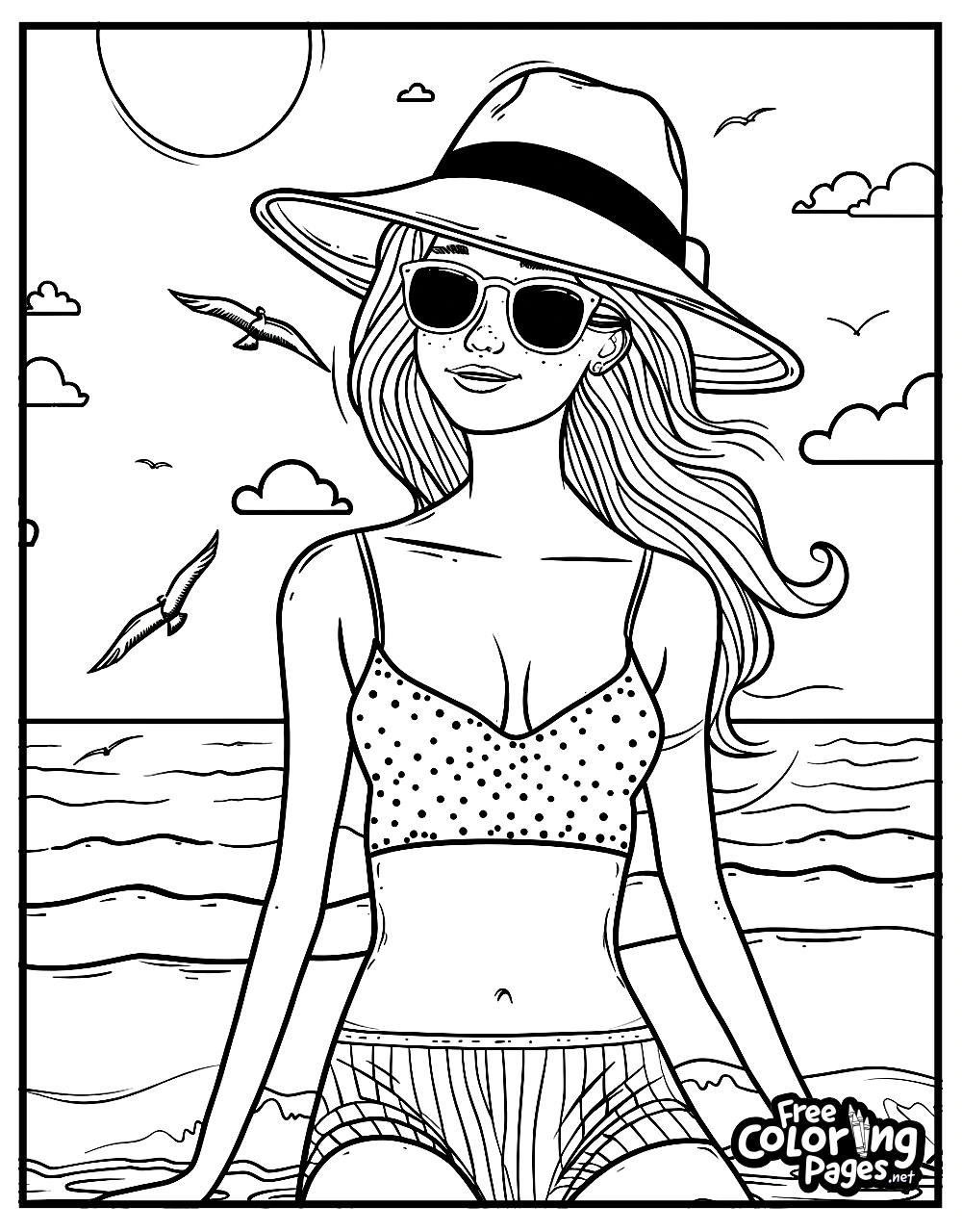 Summer coloring pages printable of a stylish woman in sunglasses and a sun hat, enjoying the seaside view