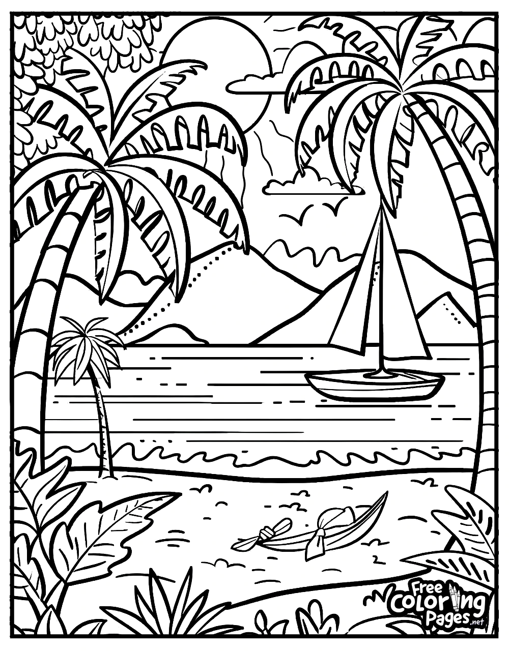 Summer printable coloring pages depicting a picturesque beach with palm trees, a sailboat, and a small island in the distance
