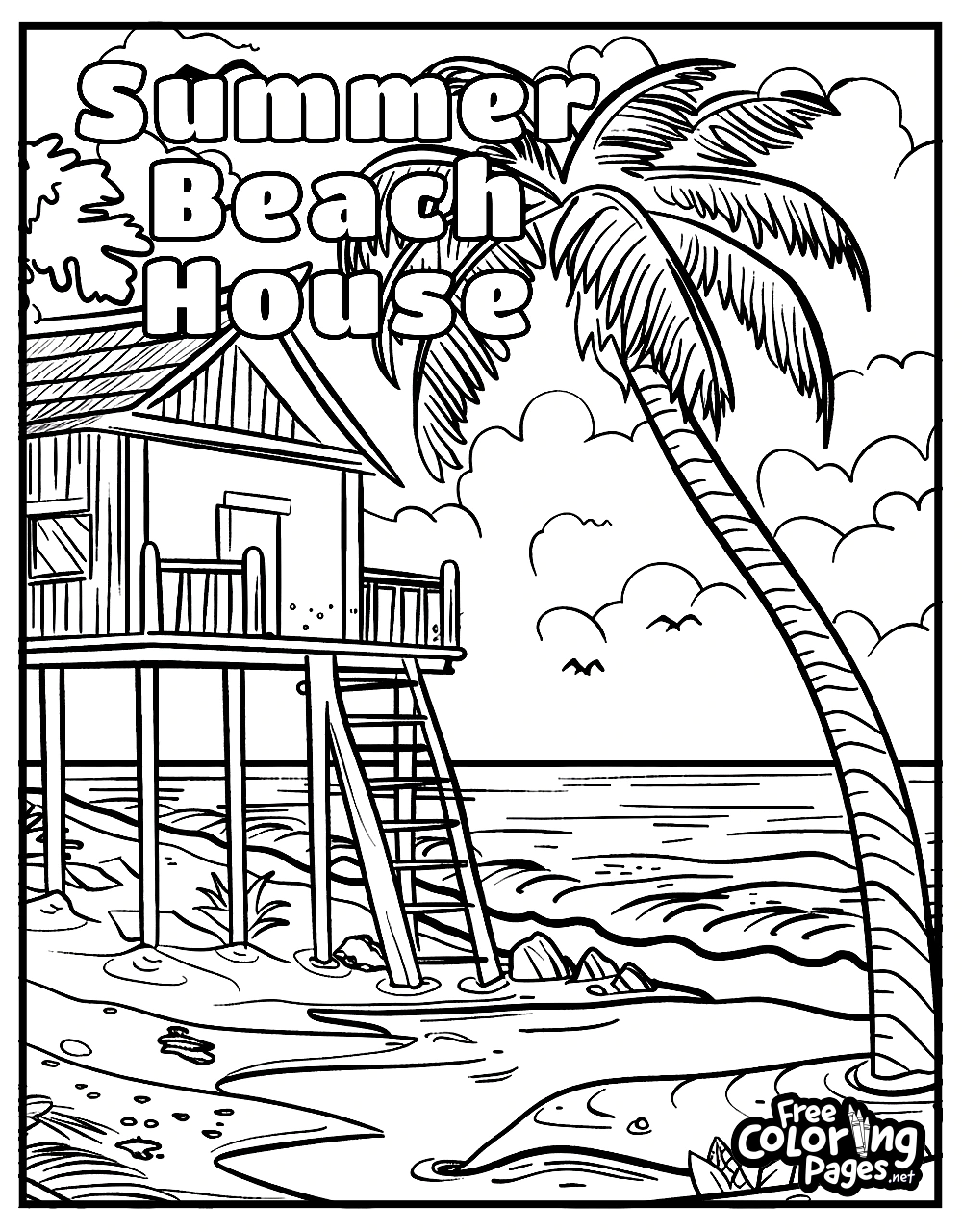 Summer free coloring pages of a quaint beach house on stilts by the seaside, surrounded by palm trees